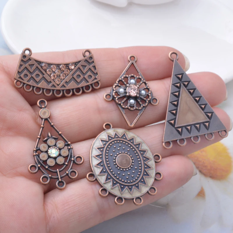 10 Stück/Set Bohemian-Stil Antik-Rotkupferfarbener Verbinder 5-Loch Trapezförmige Dreieck-Anhänger DIY Schmuck Ohrringe Mädchen Anhänger – Detail 9