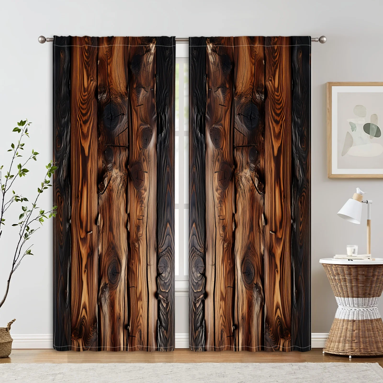 2pcs Vertical Stripe Wood Grain Door Printed Curtain 3D Digital Printing Curtain Household Bedroom Living Room Decor Rod Pocket