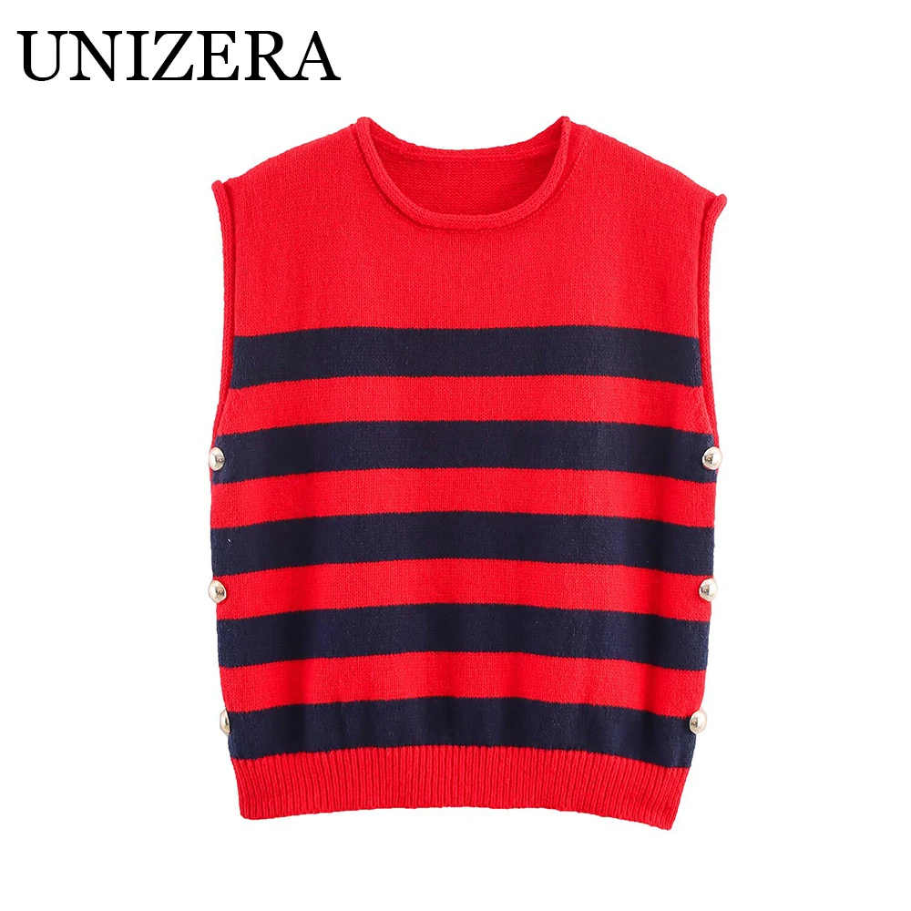 

Autumn New Women's Fashion Versatile Side Button Striped Knitted Sleeveless Top