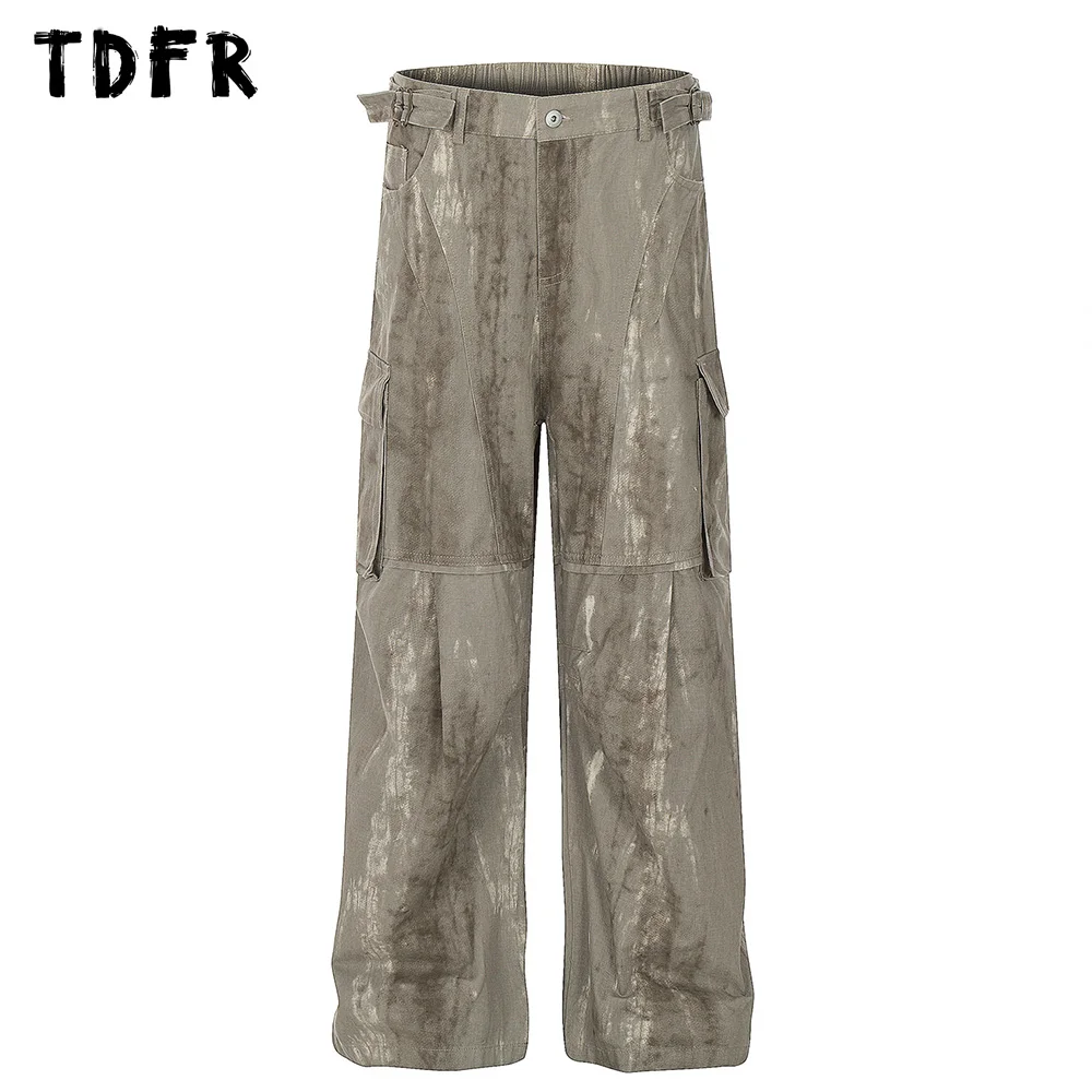 Multi-Pocket Cargo Pants Mens Safari Style Spliced Pocket Loose Straight Elastic Waist Wide Leg Trousers Men