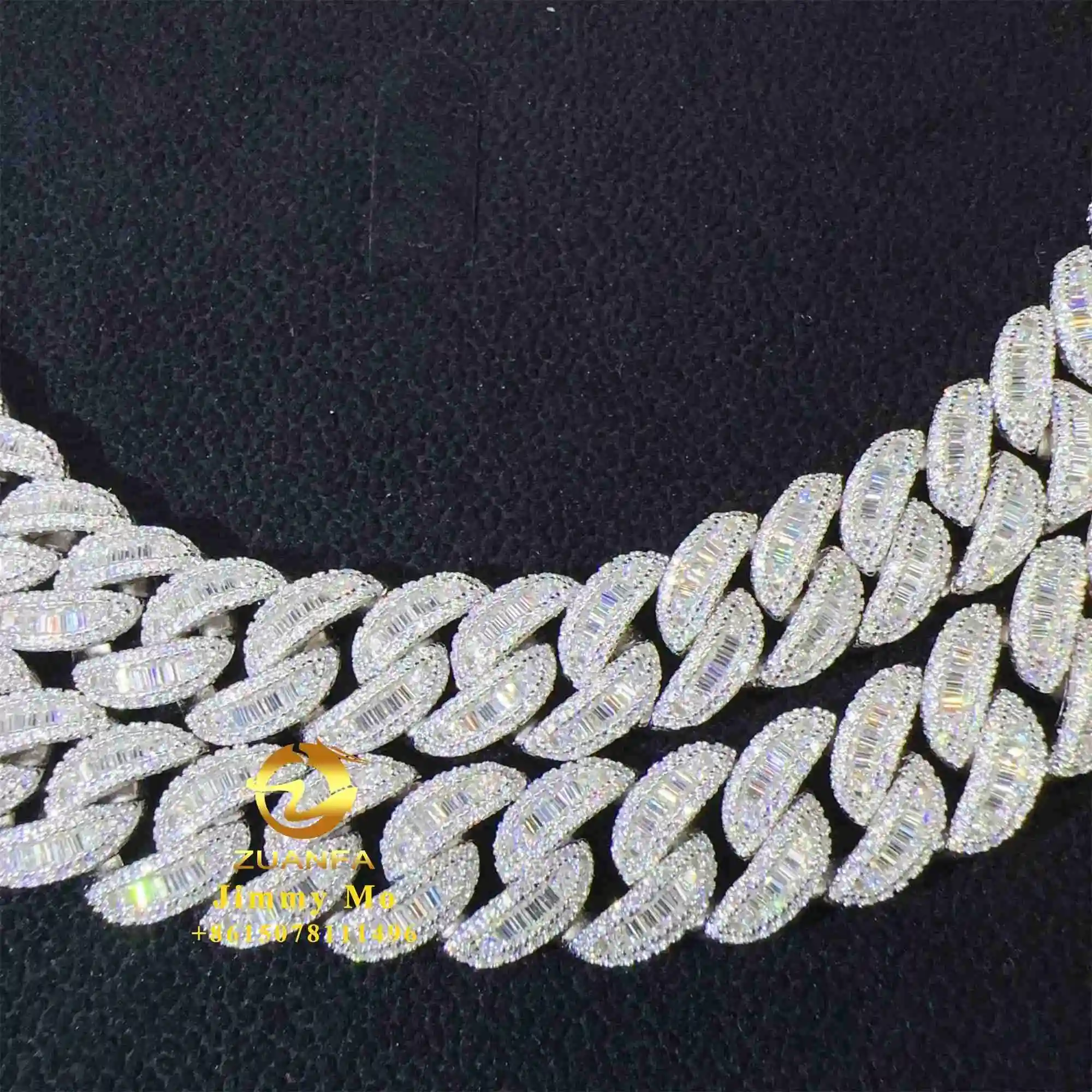 New Luxury Arrivals Unique Design 925 Solid Silver 14mm Iced Out Hip Hop VVS1 Baguette Moissanite Diamond Cuban Link Chain..