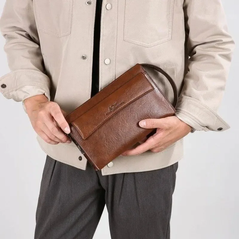 Men Brown pu Leather Clutch Bag Anti theft password lock Handbag Wrist Bag Business Casual wallet card bag for Men Travel Commut