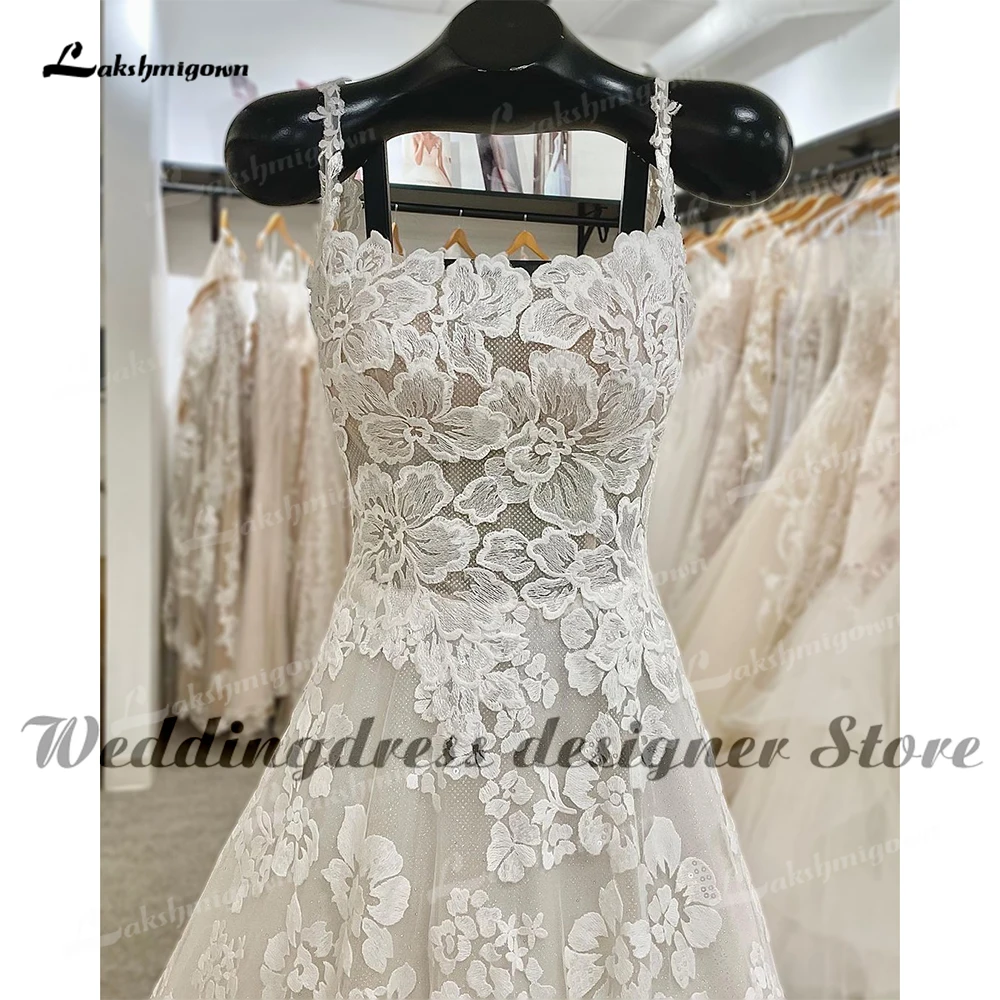 Vestido de novia de tul con encaje Floral, vestido de novia personalizado con tirantes y cuello cuadrado, vestido de novia sin espalda de princesa,