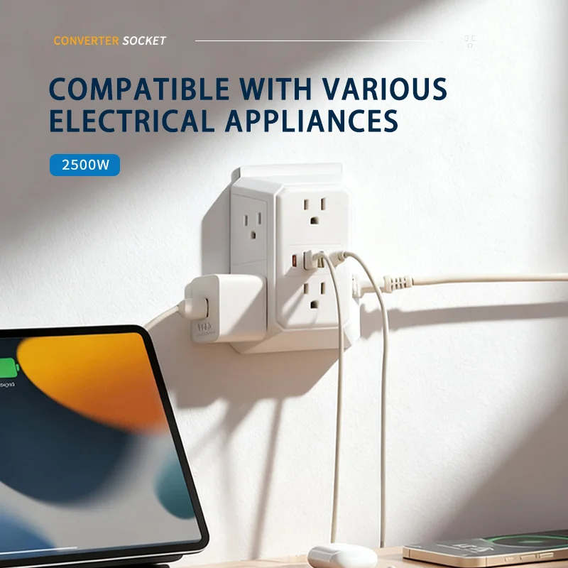 10 in 1 power board with 2 USB sockets, 2 Type-C sockets, and 6 AC sockets, multi socket wall plug, suitable for office use
