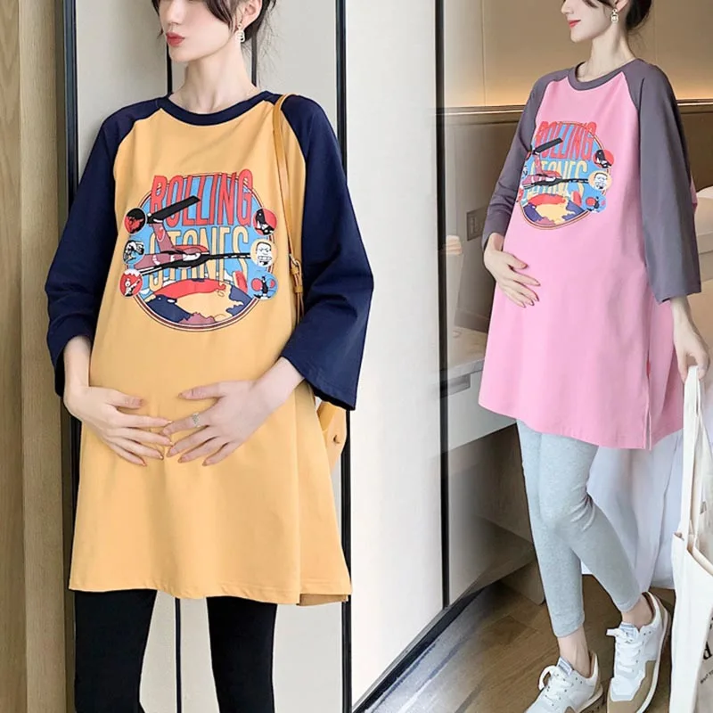 

Breastfeeding Dress Pregnant Women Spring &Autumn Long Sleeved T-shirt Loose Medium Length Feeding Clothing Maternity Clothes