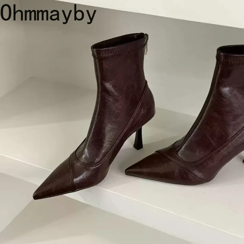 Winter Vintage Thick Heel Women Ankle Boots Elegant Pointed Toe Soft Leather Shoes Street Style Banquet Party Short Botas Mujer