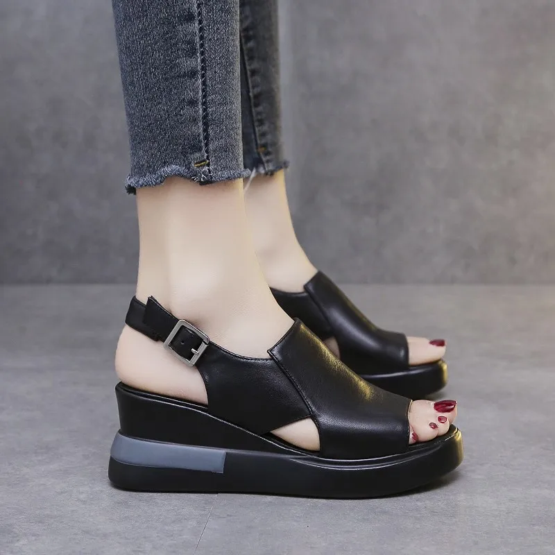 

Women's Thick-soled Wedge Sandals Summer High-heeled Fish Mouth Women Shoes Soft Leather Height-increasing Sandalias De Mujer