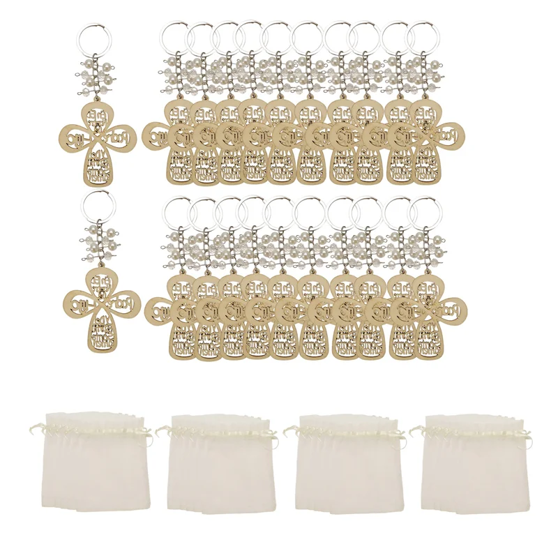 

Новый показано-20 шт., брелок для ключей с крестом, деревянный брелок для ключей, деревянный дизайн на крестины, брелок для ключей с сумкой для первого причастия