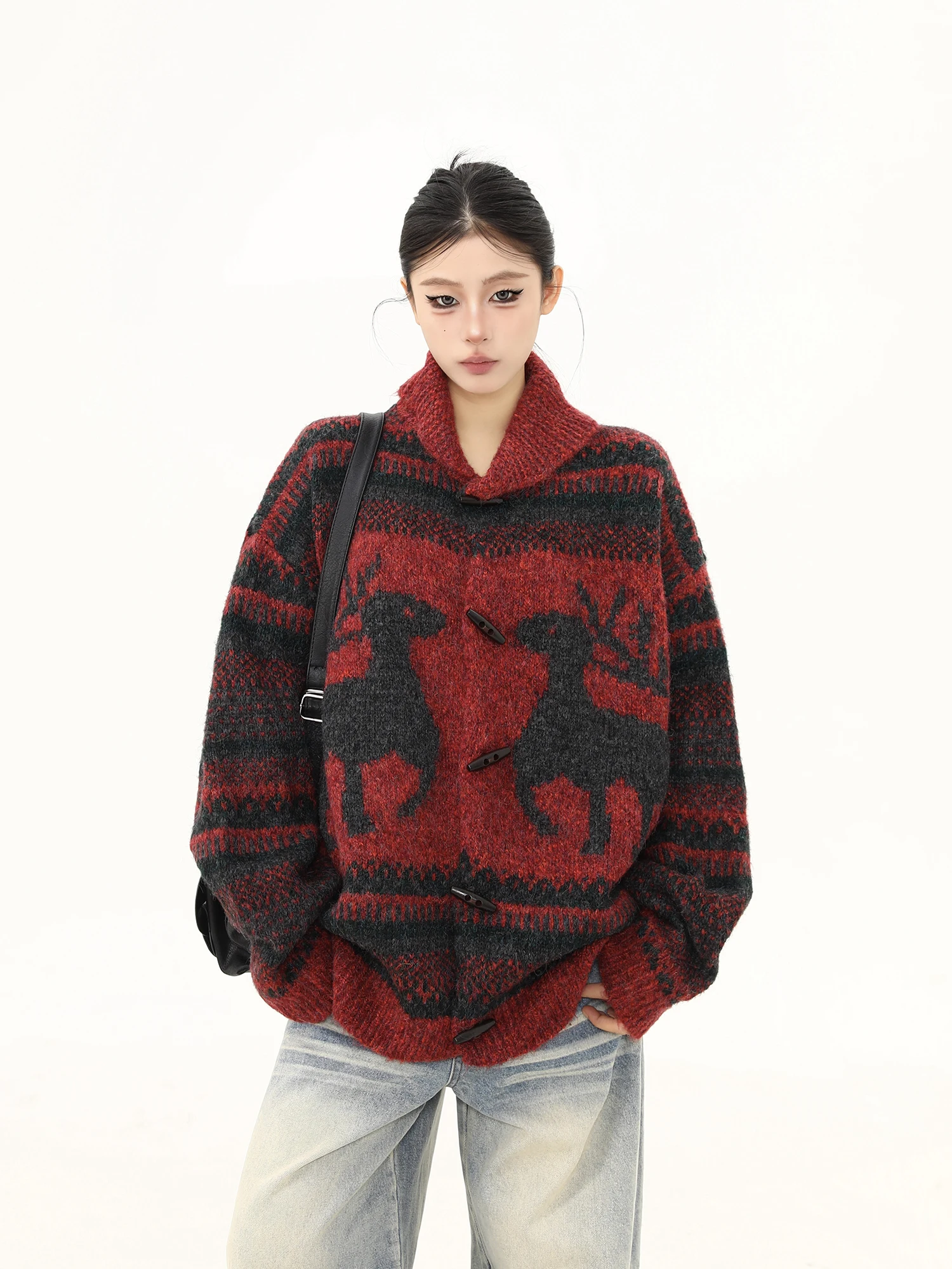 

American Sle Loose Women's Fair Isle Knitwear Sweater Coat Winter Lazy Sle Couple's Street Faion Casual Outerwear