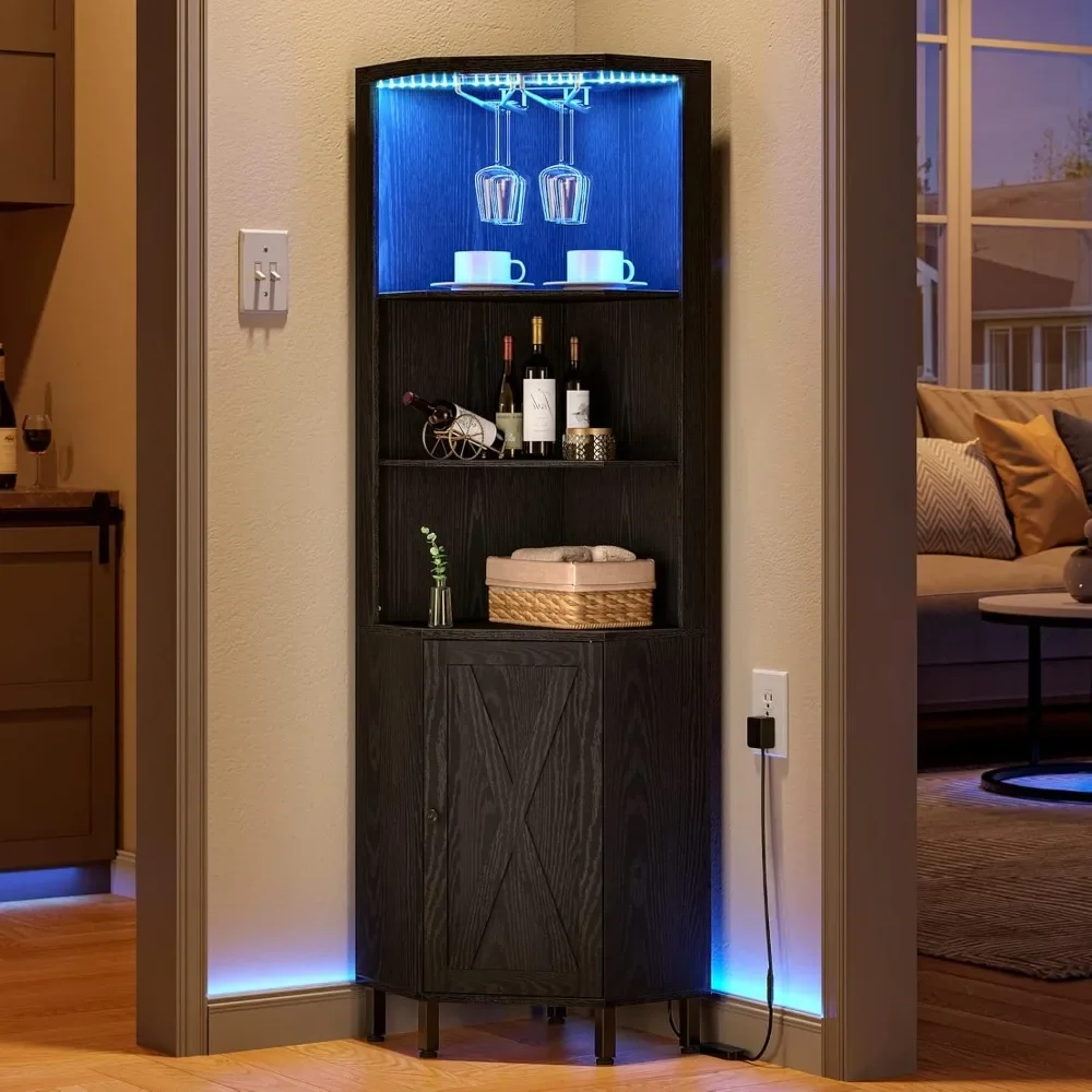 Mueble de barra esquinero con luces LED y soporte para vidrio, estante esquinero de 5 niveles con almacenamiento, vitrinas para vino