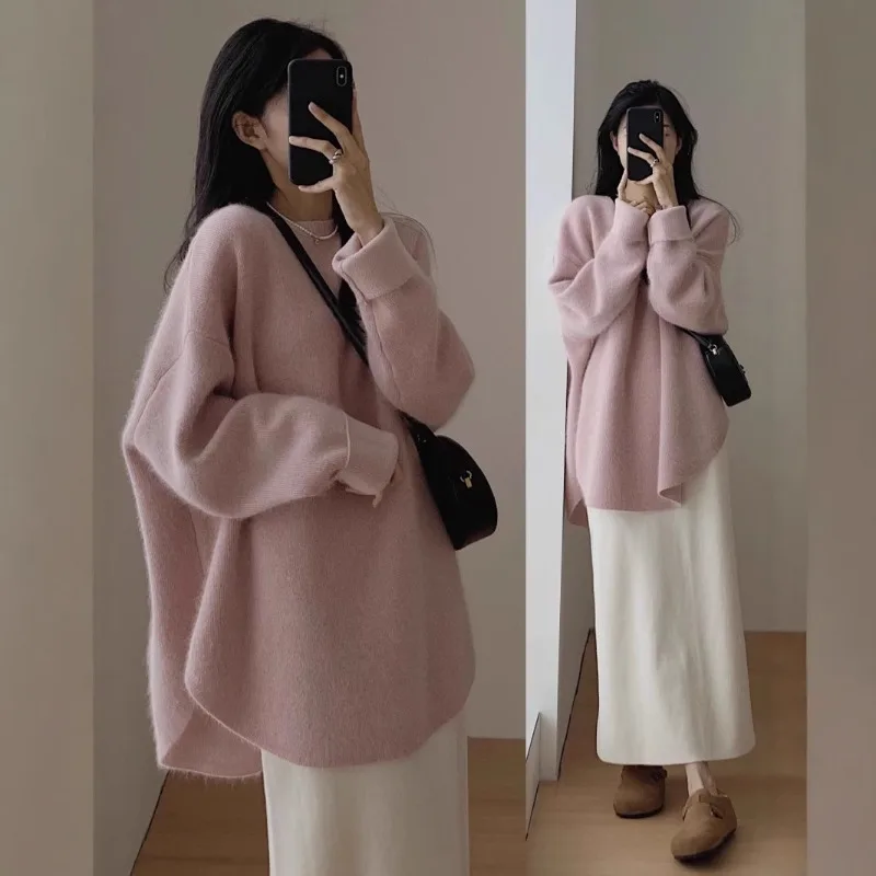 

White Knitted Loose Long Sleeve Women's Base Shirt Oversize Sweater Autumn Winter High Sensation Inner Match Lazy Style Pullover