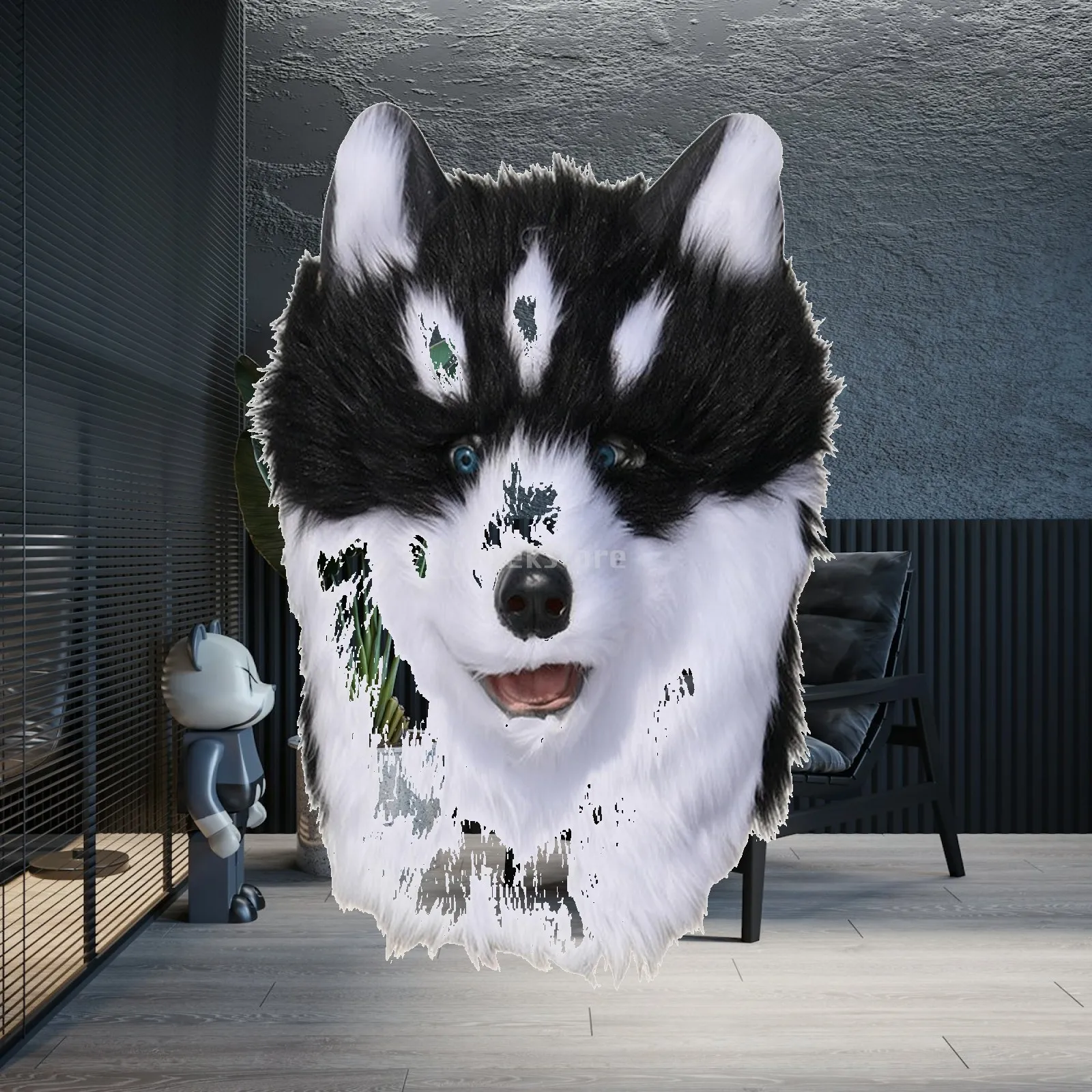 Realistic Plush Husky Headgear for Holiday Costume Events Latex Inner Shell Furry Outer Layer with Eye Holes