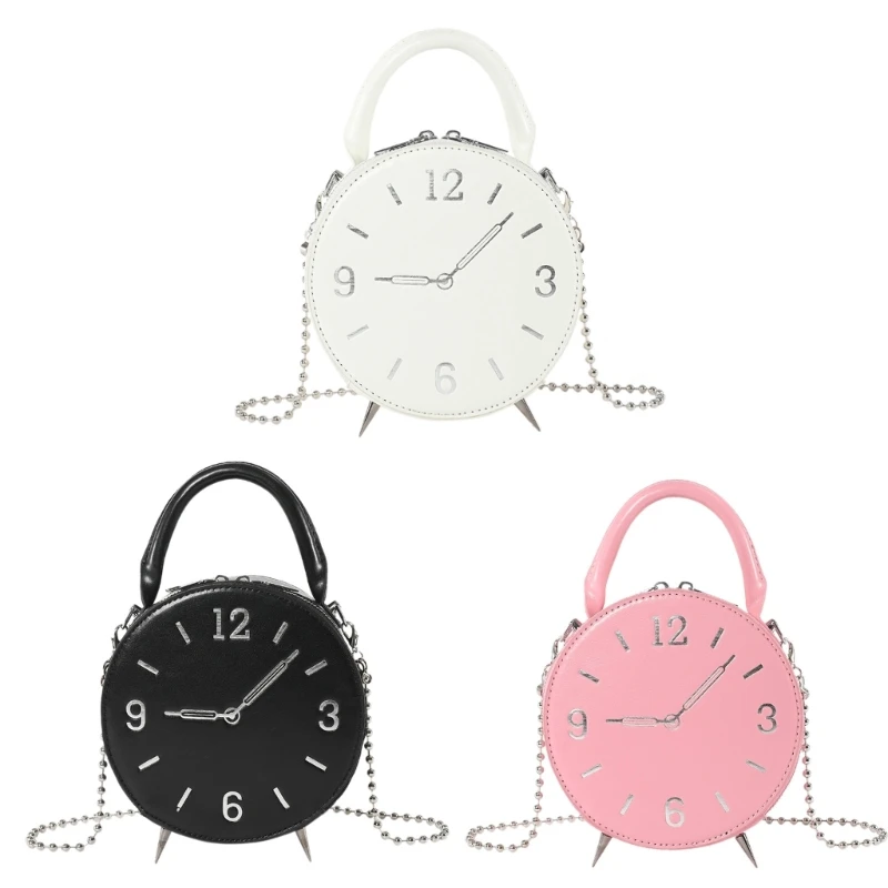 Women Small Round Bag Clock Crossbody Bag Chain Strap Handbag Shoulder Bag