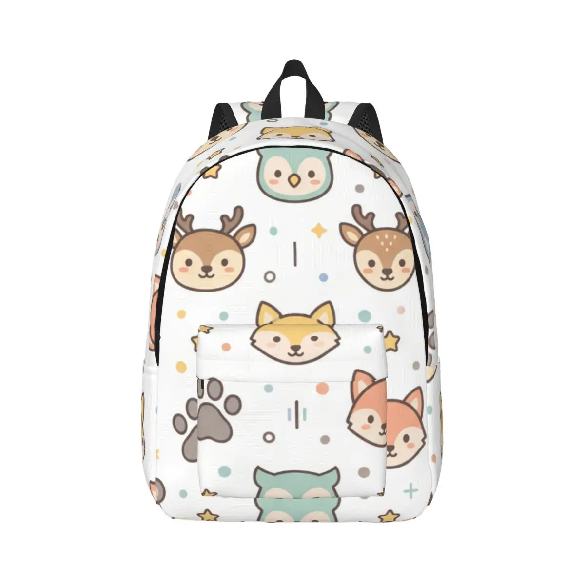 Floral Print School Backpack Tossed Woodland Animal Paw Leaf Star Cute Kawaii Light Ground Daypack for College Class Weekend Pet