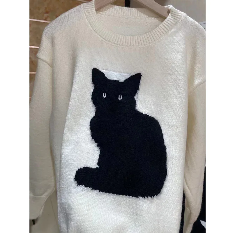 Desenhos animados de gato feminino, pulôver de lã, tops casuais soltos de malha, roupas de manga longa, doce moda coreana, outono, inverno, 29212