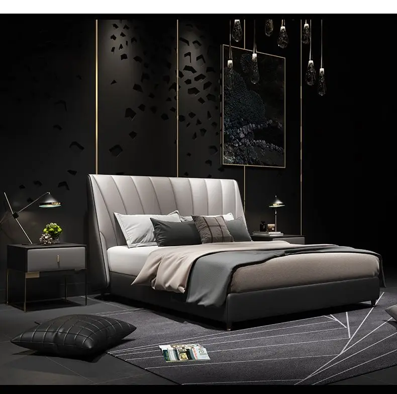 Leather Bed with Genuine Pink Queen Contemporary multifunction Modern Italian Back Luxury Black Genuine Leather Bed