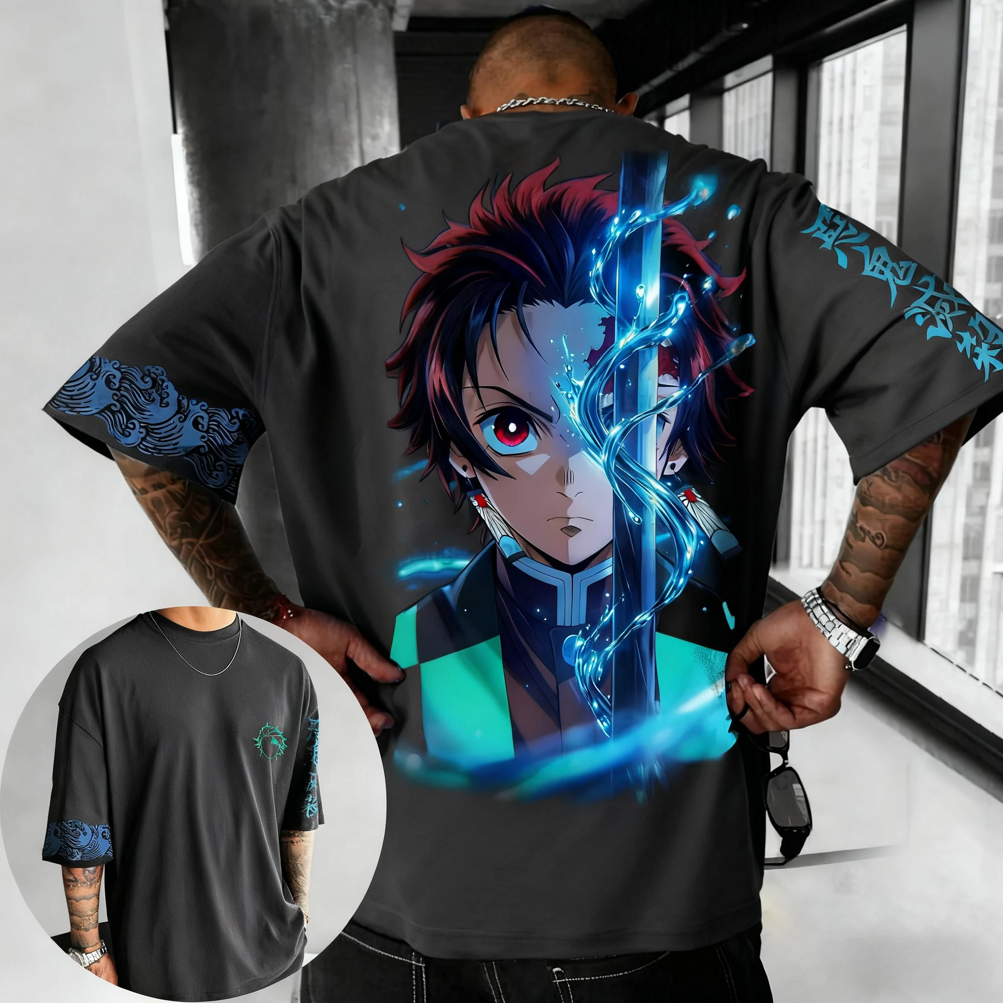 شيطان القاتل الرجال والنساء تي شيرت الصيف جديد كامادو تانجيرو أنيمي مطبوعة الشارع الاتجاه Y2K عادية فضفاض الوالدين والطفل