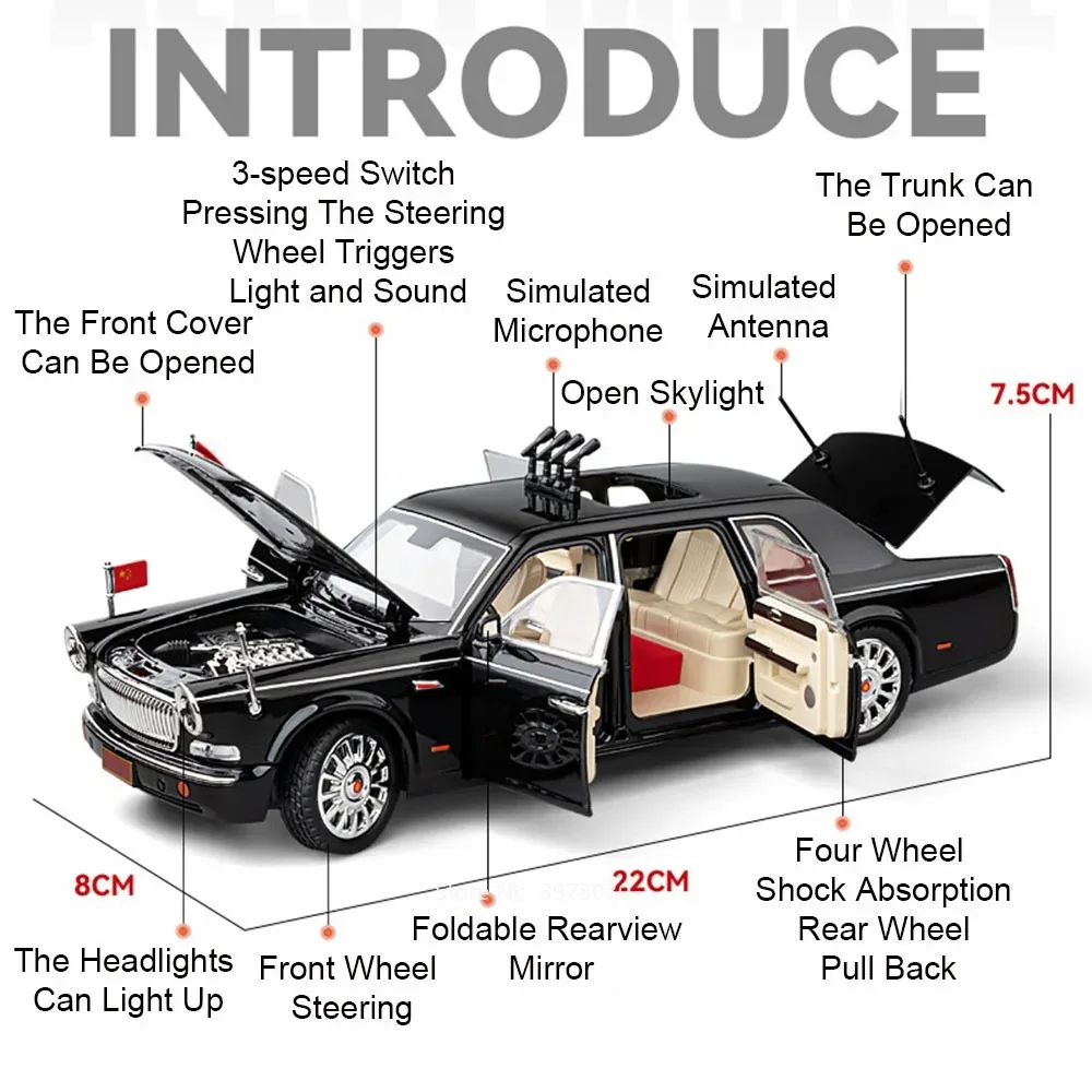 1:24 Hong Qi H9 Cars Toys Miniature Models Alloy Diecast 6 Doors Opened Pull Back Parade Vehicles for Adult Collectible Gifts