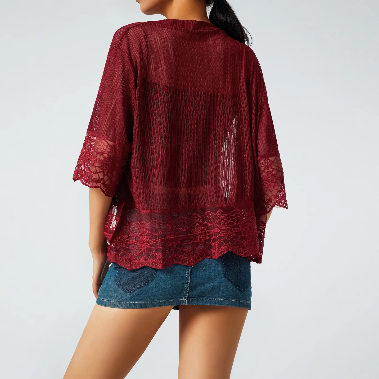 Women´s Fashion Lace ​Open Patchwork ​Front Shrug Short Sleeve Solid Color Sheer Bolero Cover Up