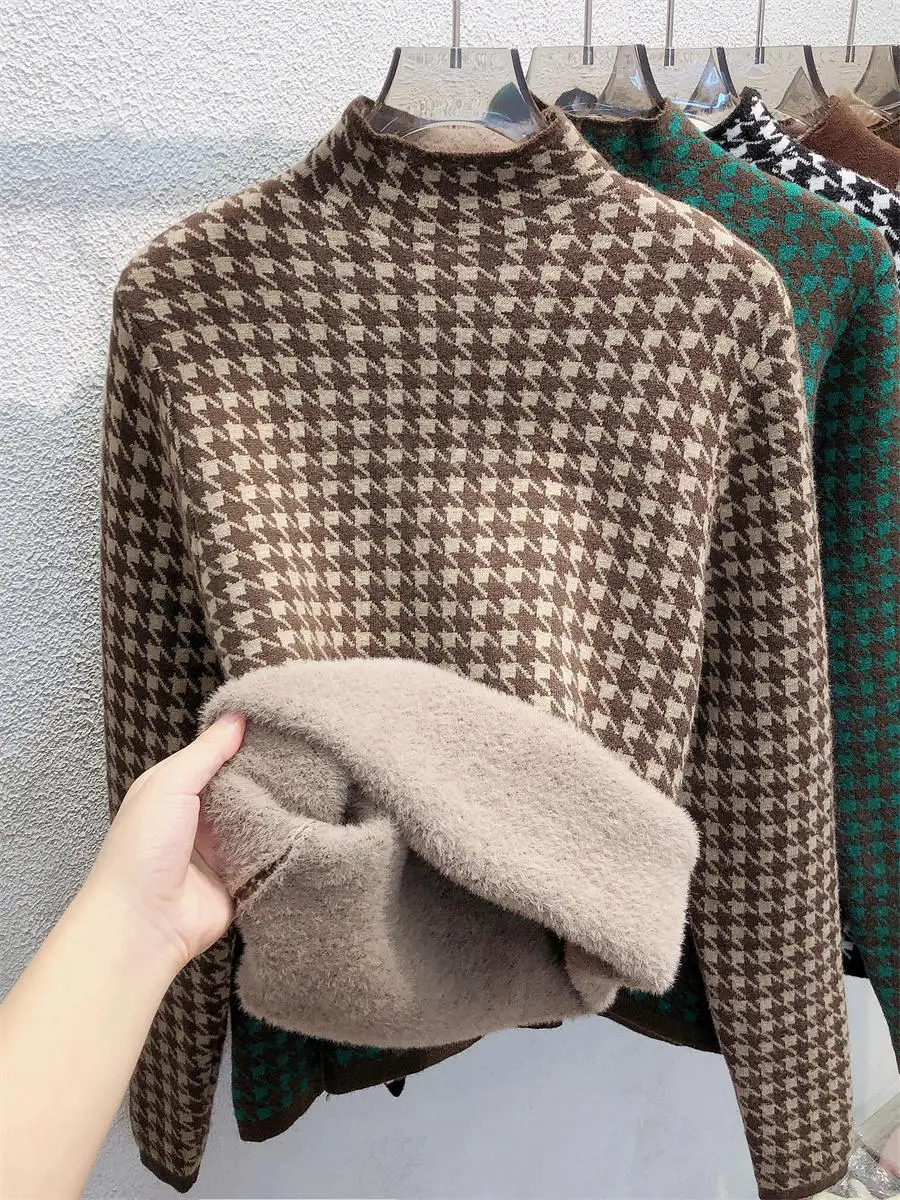 Houndstooth Half High Collar Warm Sweater Women\'s Autumn Winter Plush Thick Basic Shirt 2024 New Retro Long Sleeved Slim Top