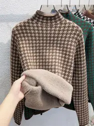 Houndstooth Half High Collar Warm Sweater Women's Autumn Winter Plush Thick Basic Shirt 2024 New Retro Long Sleeved Slim Top