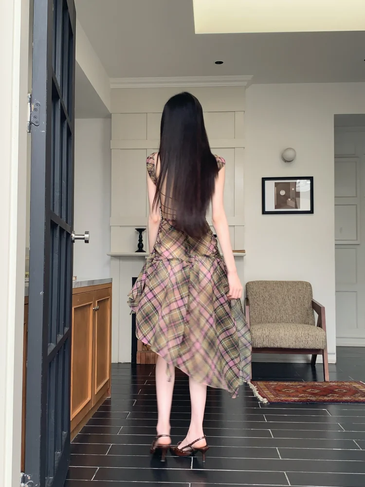 Summer Plaid Chiffon Chic Backless Sexy Sling Dress Women Elegant Bandage Casual Dress 2026 Korean Bodycon Luxury Evening Dress