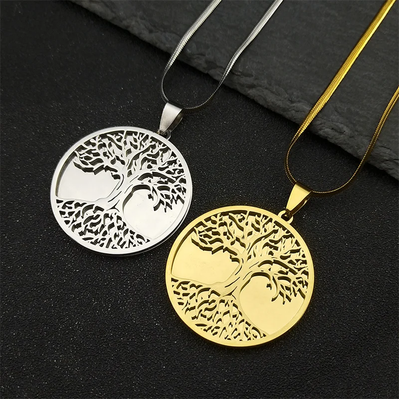 

Tree of Life Love Pendant Necklace for Women Men Stainless Steel Gold Silver Color Round Shape Snake Chain Jewelry Gifts
