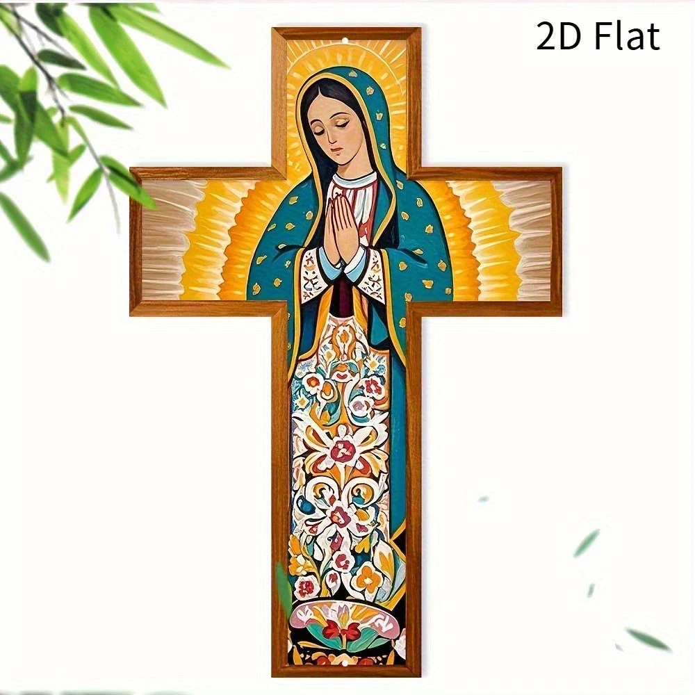 2D Flat - 1pc Metal Cross Featuring a Prayer to The, Measuring 8X12 Inches - a Colorful Floral Guadalupe Mural