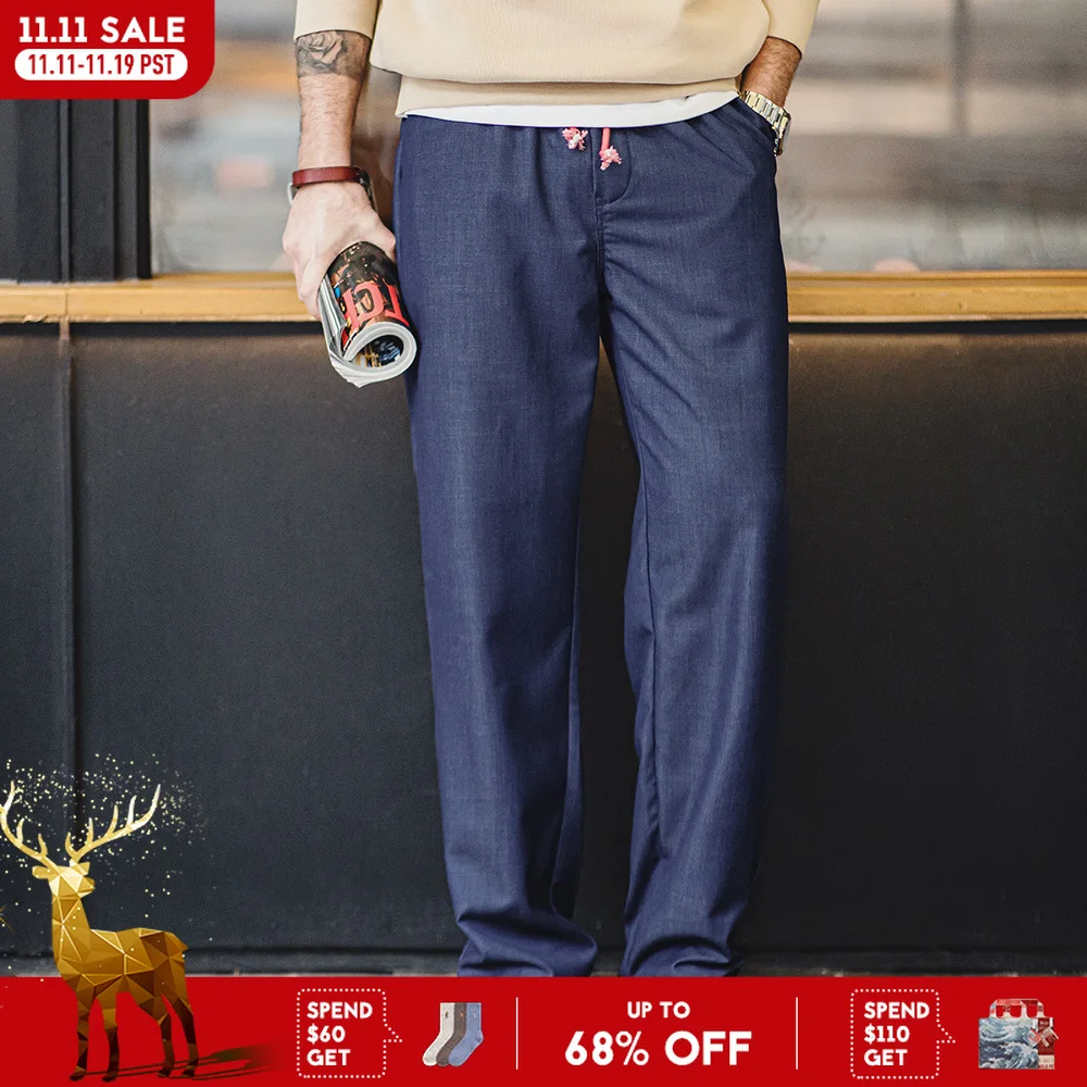

Maden Vintage Solid Color Loose Casual Straight Pants for Men Mid-waist Breathable Long Pants Spring Trousers Elastic Waist