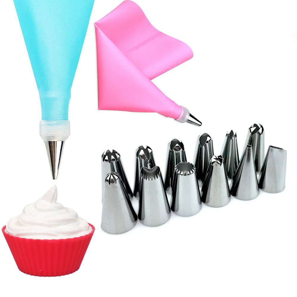 14 PCS/Set Silicone Kitchen Accessories Icing Piping Cream Pastry Bag 12 Stainless Steel Nozzle Set DIY Cake Decorating Tips Set