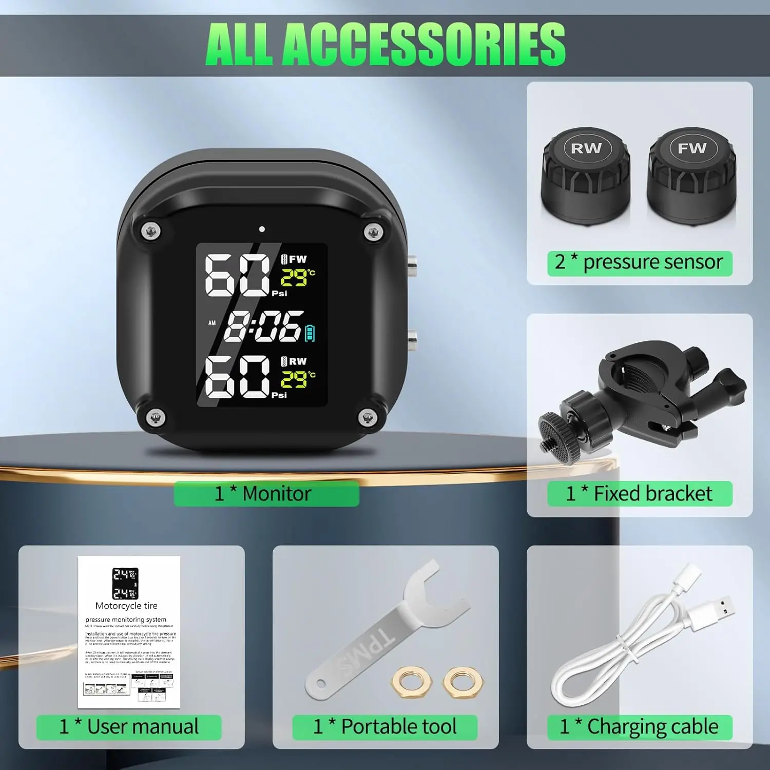 Motorcycle Tire Pressure Monitor Electric Vehicle Motorcycle Wireless High-Precision Tire Pressure Monitoring System