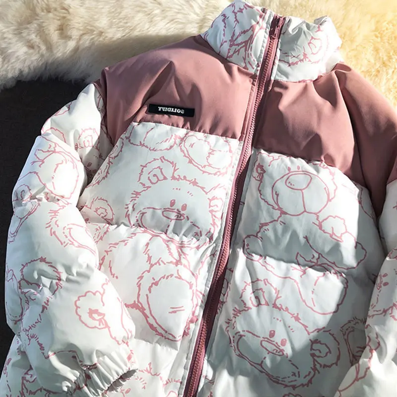 

Powder-pink Tender Cotton-padded Jacket Warm Printed Small Cotton-padded Jacket Lovers Cartoon Bear Bread Coat Cotton-padded