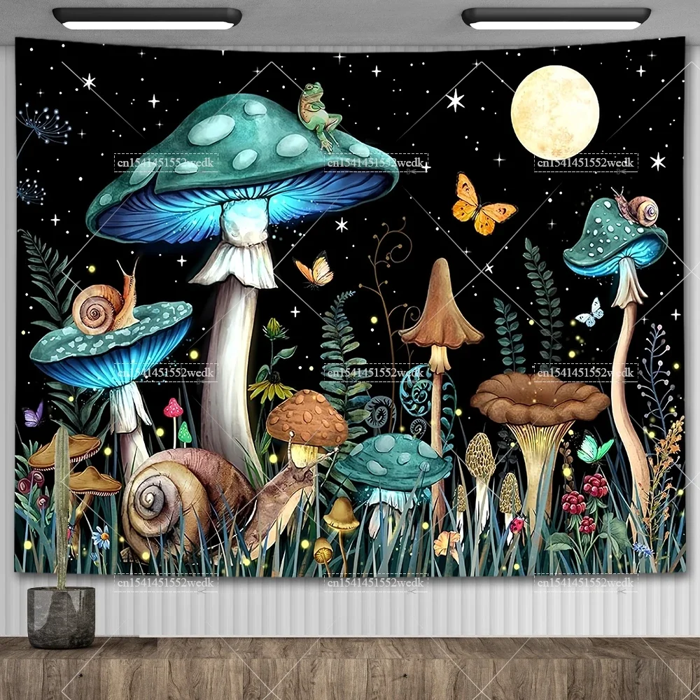 Mushroom Tapestry Moon Star Tapestries Butterfly Snail Frog Tapestrys Aesthetic Room Decor Starry Night Green Plant Tapastrys