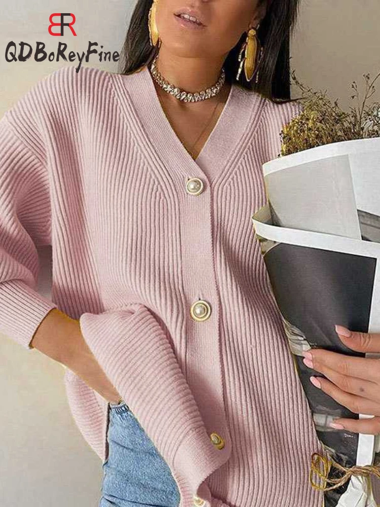 Winter Women\'s Knitted Cardigan Sweater 2024 New Autumn Casual Loose V Neck Long Sleeve Tops Streetwear White Oversized Sweaters