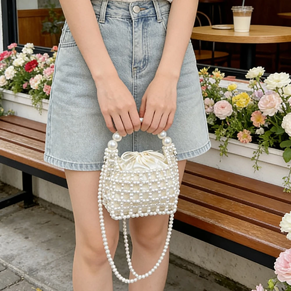 Mini Pearl Beading Crossbody Bag Women's Elegant Temperament Solid Color Handbag Delicate High Grade Party Banquet Shoulder Bags