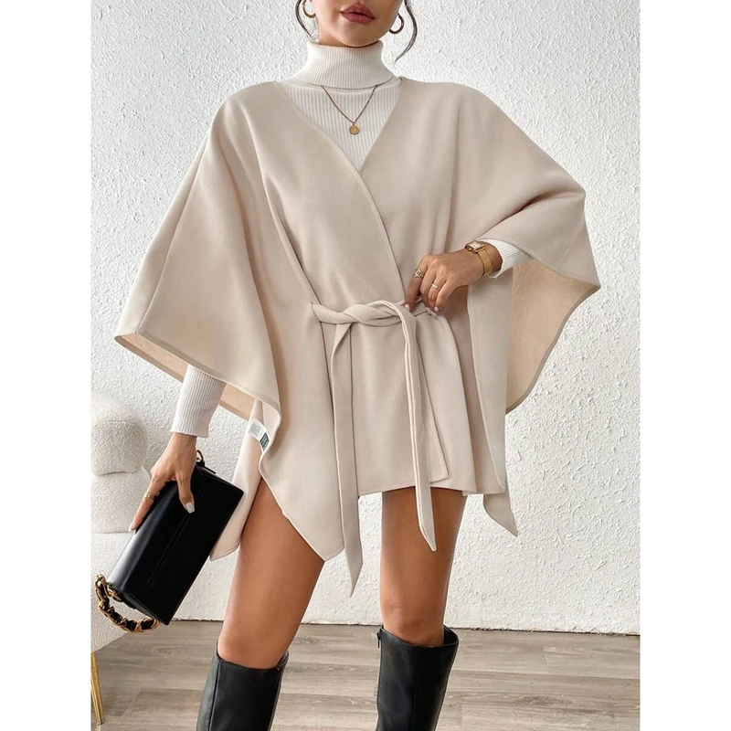 

Женский плащ с рукавами 3/4, однотонный, свободного кроя, с открытой передней частью, с поясом, V-образным вырезом, для повседневной носки