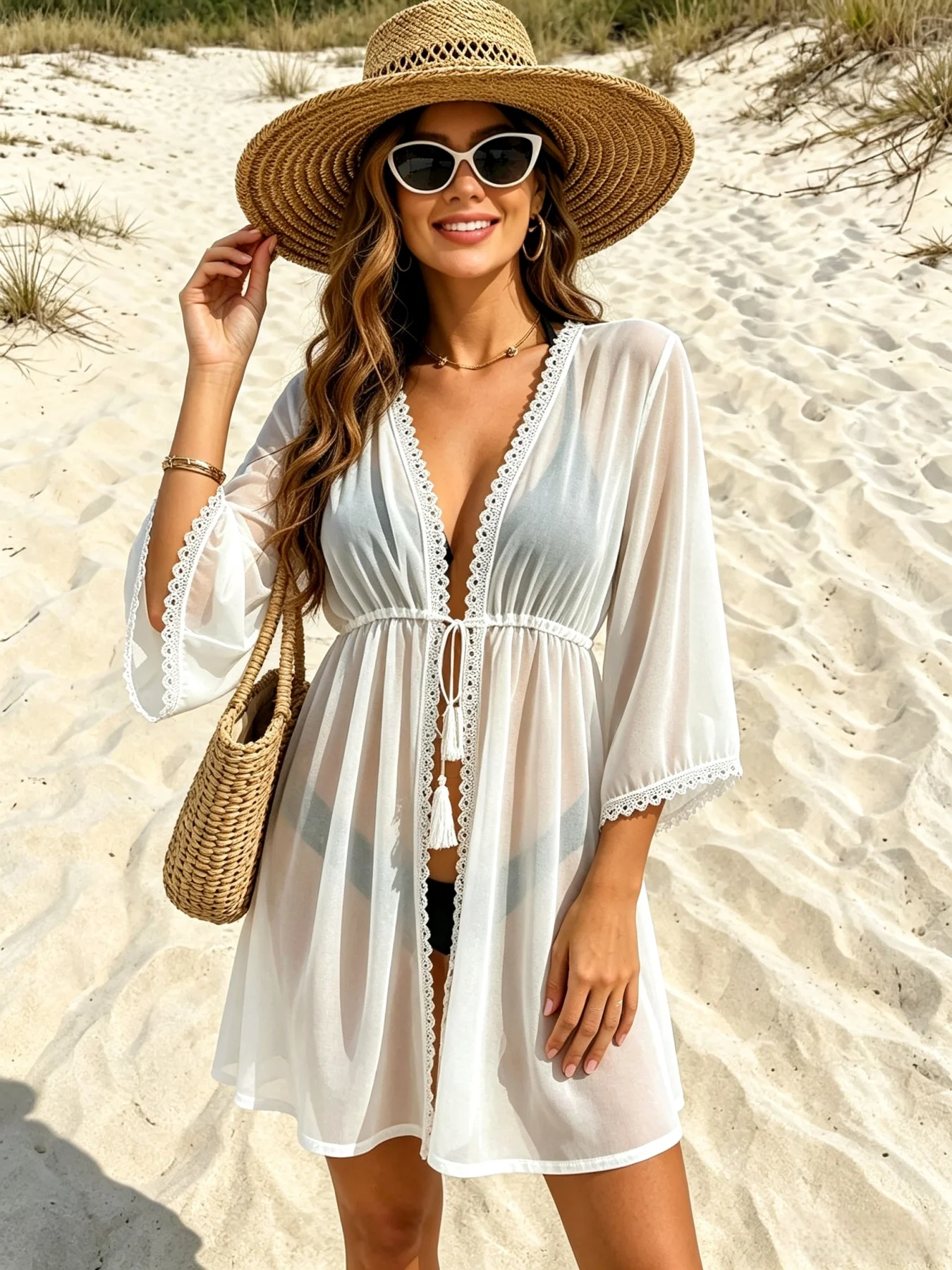 Women White Chiffon Beach Cover Up Lace Trim Tassel Tie Waist Flare Sleeve Bikini Kimono Dress