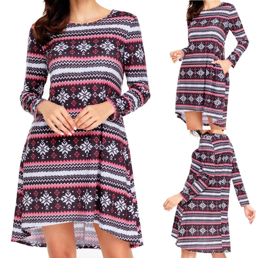 

【ХИТ】Европейское и американское женское мини-платье 2020 года с рождественским принтом северных оленей, круглым вырезом, длинными рукавами и асимметричной юбкой.