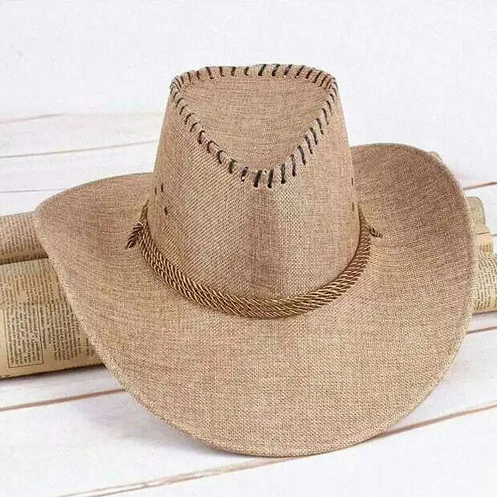 

Simple Linen Western Cowboy Hat Wide Brim Beach Cap Summer Sun Hat Sun Protection Cap Cycling Cap Beach Sunscreen Cap Summer