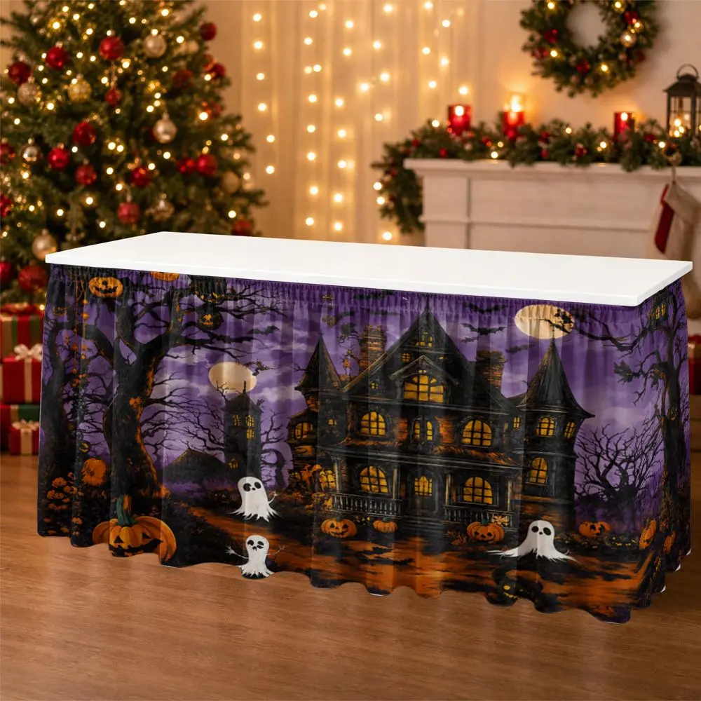 One Halloween party table skirt, 2D flat haunted house Halloween scene print, suitable for home decoration