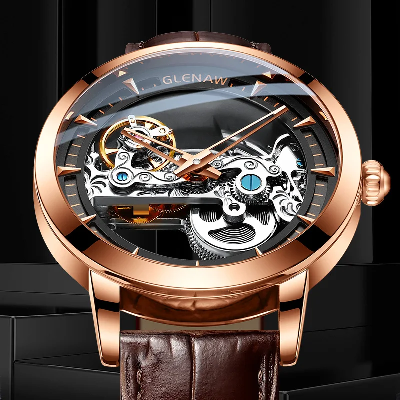 2023 GLENAW Hollow out Mechanical Watch Sculpture Design Men\'s Watch 30ATM Waterproof Luminous Watch Relogio Masculino + Box