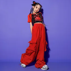 Hip Hop Girls Crop Top Cargo Pants Child Summer T-shirt Red Joggers Kids Streetwear Jazz Sweet Street Dance Costume Clothes Set