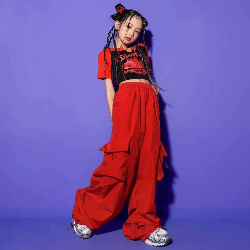 Hip Hop Girls Crop Top Cargo Pants Child Summer T-shirt Red Joggers Kids Streetwear Jazz Sweet Street Dance Costume Clothes Set