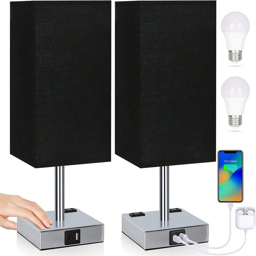 

Набор из 2 настольных ламп с сенсорным управлением для спальни, с USB-портами для зарядки и розетками переменного тока, 3-режимная регулируемая настольная лампа, серая ткань