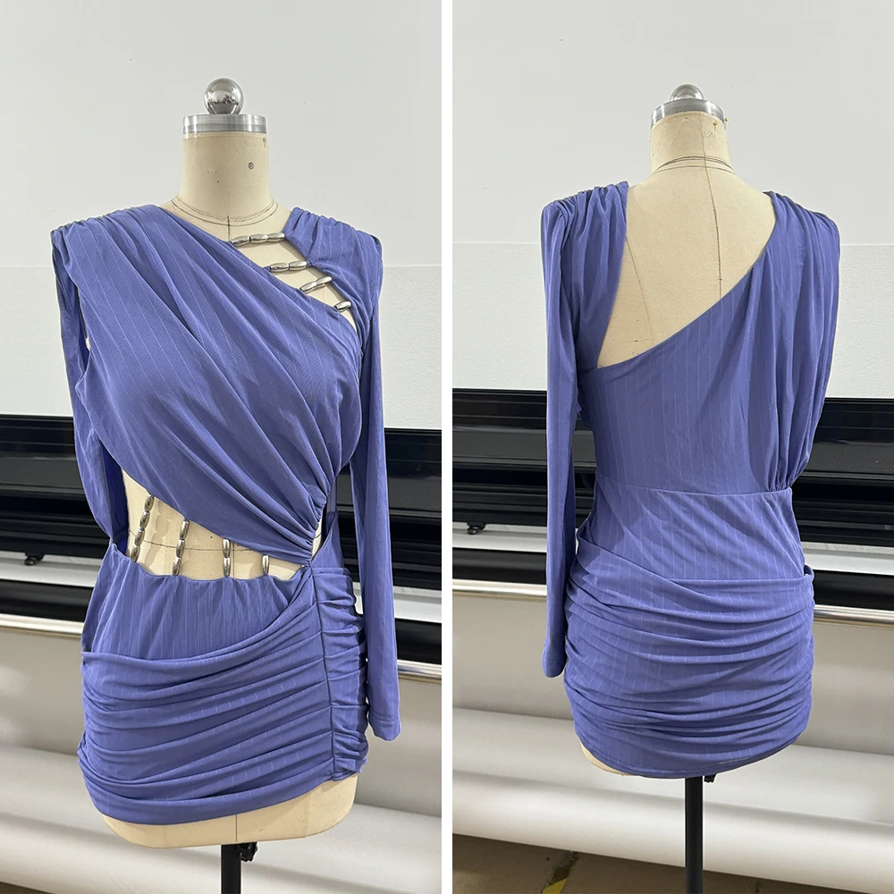 Sukienka mini z jednym ramieniem, falbaną, długim rękawem i wycięciem, elegancka sukienka dla gościa weselnego, krótkie sukienki na przyjęcie urodzinowe, koktajl, wieczór.