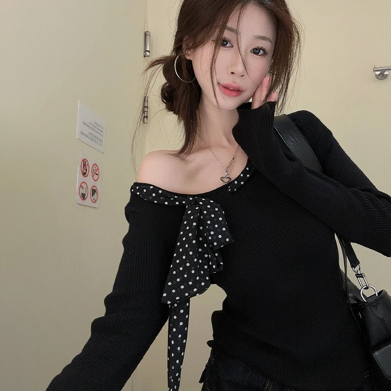 Autumn Women's Fashion Chic Polka Dot Ribbon Off-shoulder Long Sleeve Slim T-shirt