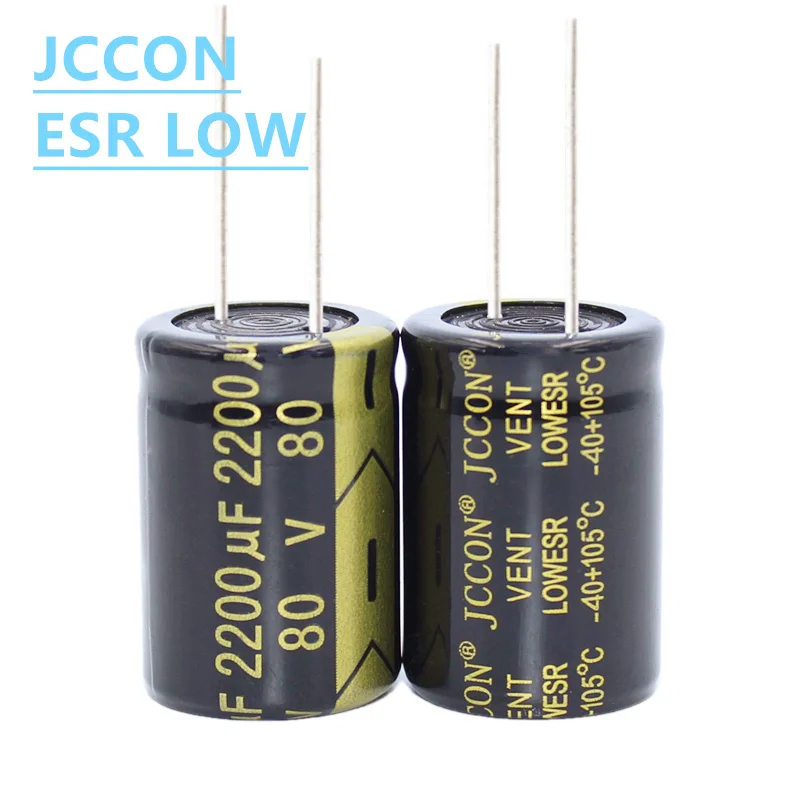 Jccon ตัวเก็บประจุชนิดอลูมิเนียมอิเล็กโตรไลต์2ชิ้น80v2200uf ตัวเก็บประจุที่มีความต้านทานต่ำความถี่สูง22x30 100v2200uf 22X40