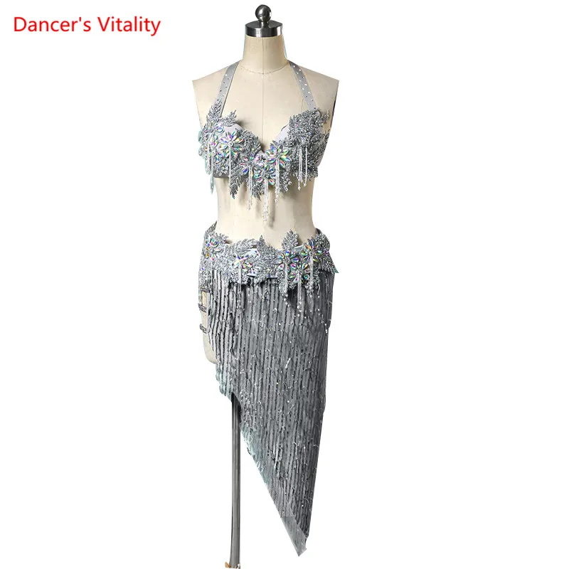 Belly Dance Suit Shiny Tassel Diamond Bra Short Skirt Oriental Dancewear Set High-End Custom Adult Child Performance Clothing