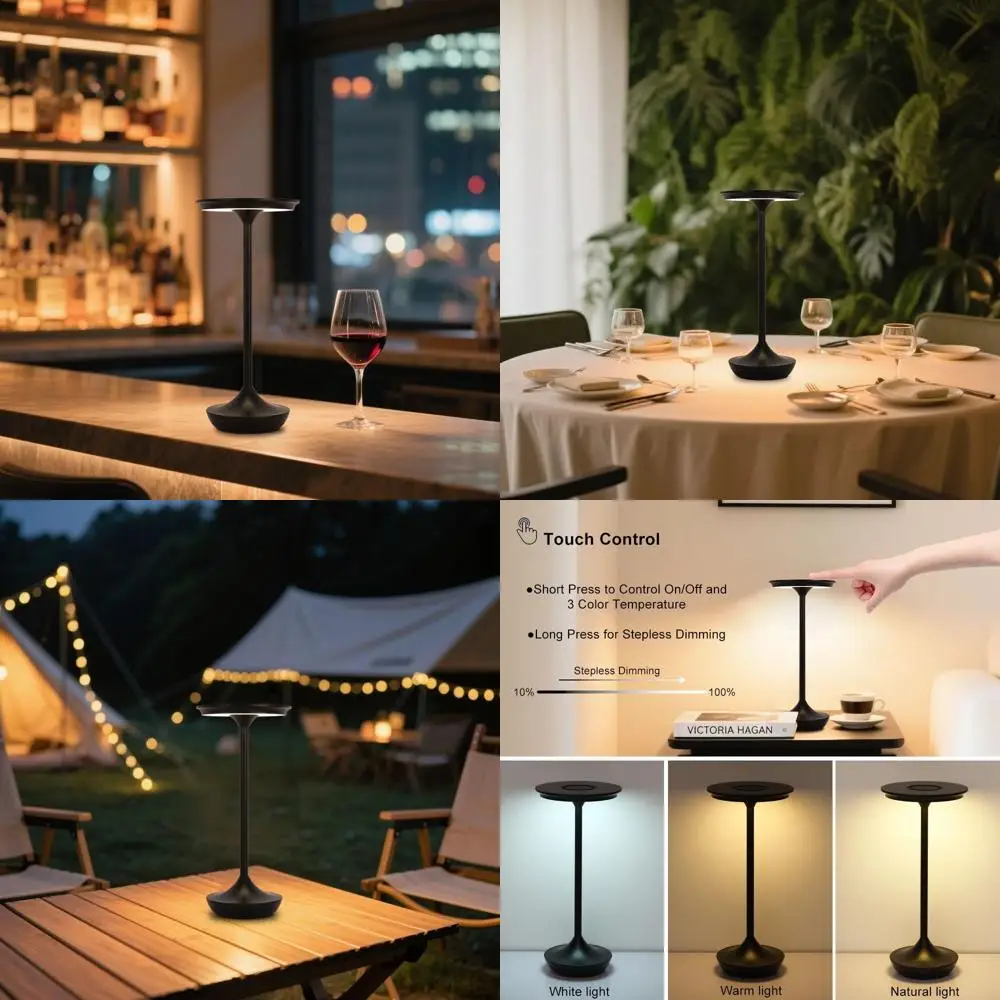 

2-Piece Wireless LED Table Lamps, 6000mAh Battery, Waterproof, 3-Color Adjustable Brightness, Black, with Memory Function for In