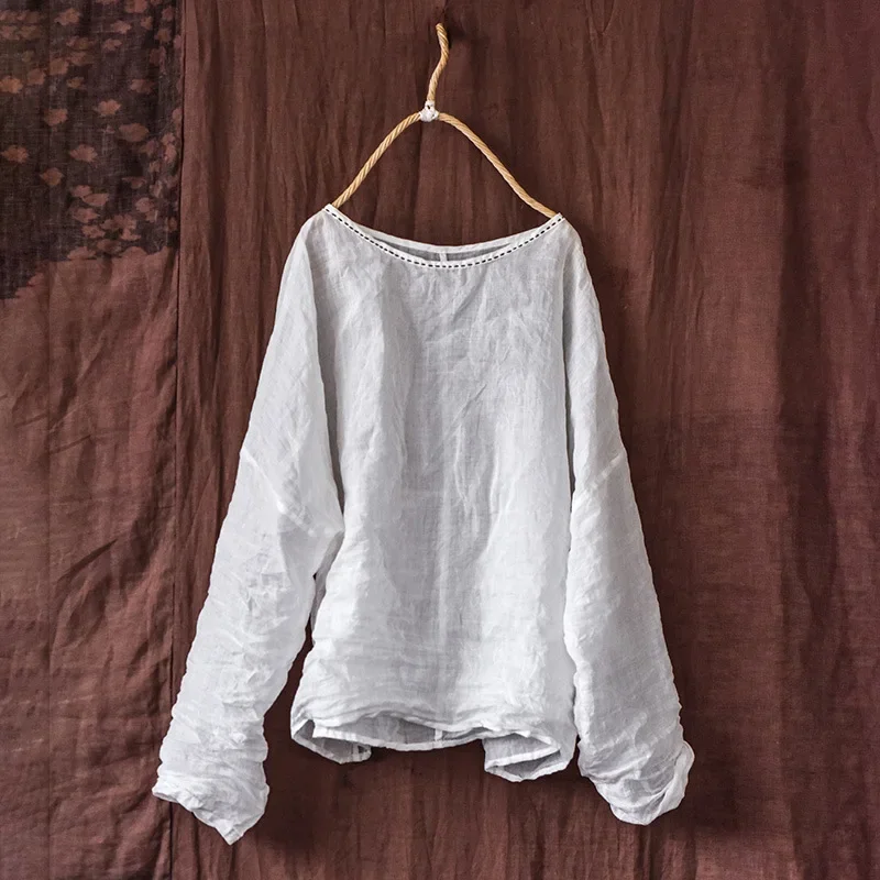 Zomer Lente Nieuwe Dunne Ramie O Hals Shirt Met Lange Mouwen En Tops Dames Losse Jeugdpullovers Eenvoud Casual Dameskleding